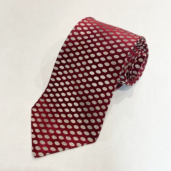Vintage CHRISTIAN DIOR  All Silk Mens Neck Tie Red Silver Dot Weighted up to 25% - Picture 1 of 4